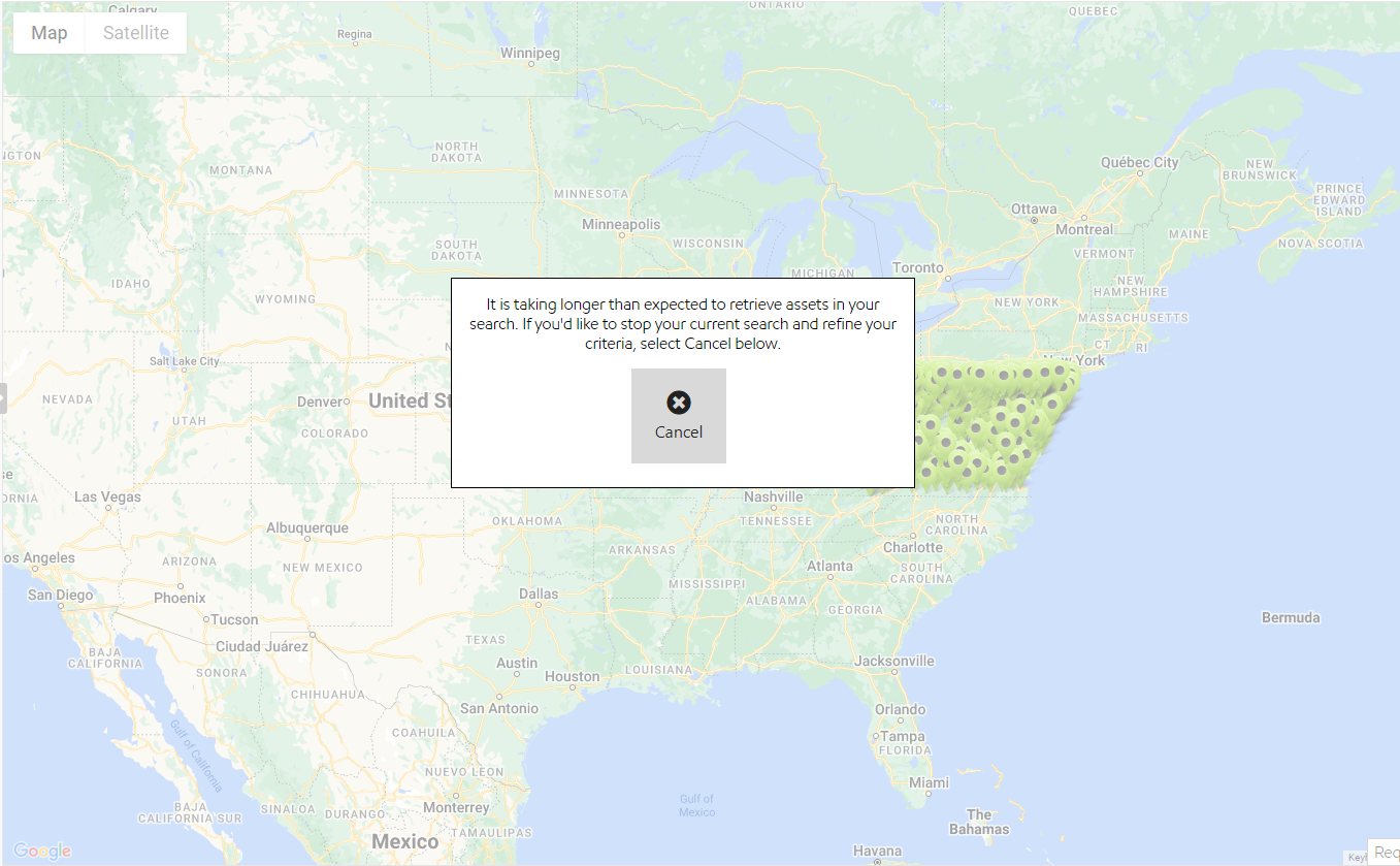 The warning and opt-out for longer-running searches on the Map.